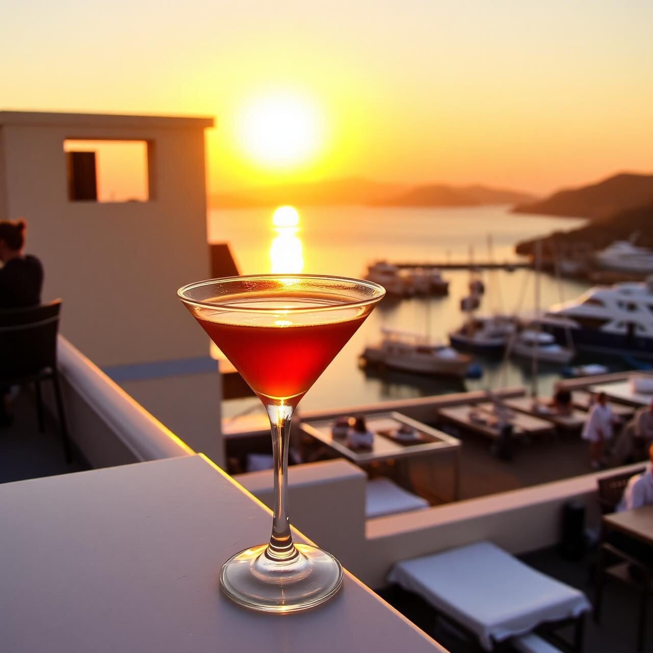 Espresso martini cocktail on Grande rooftop bar at sunset, Karpathos